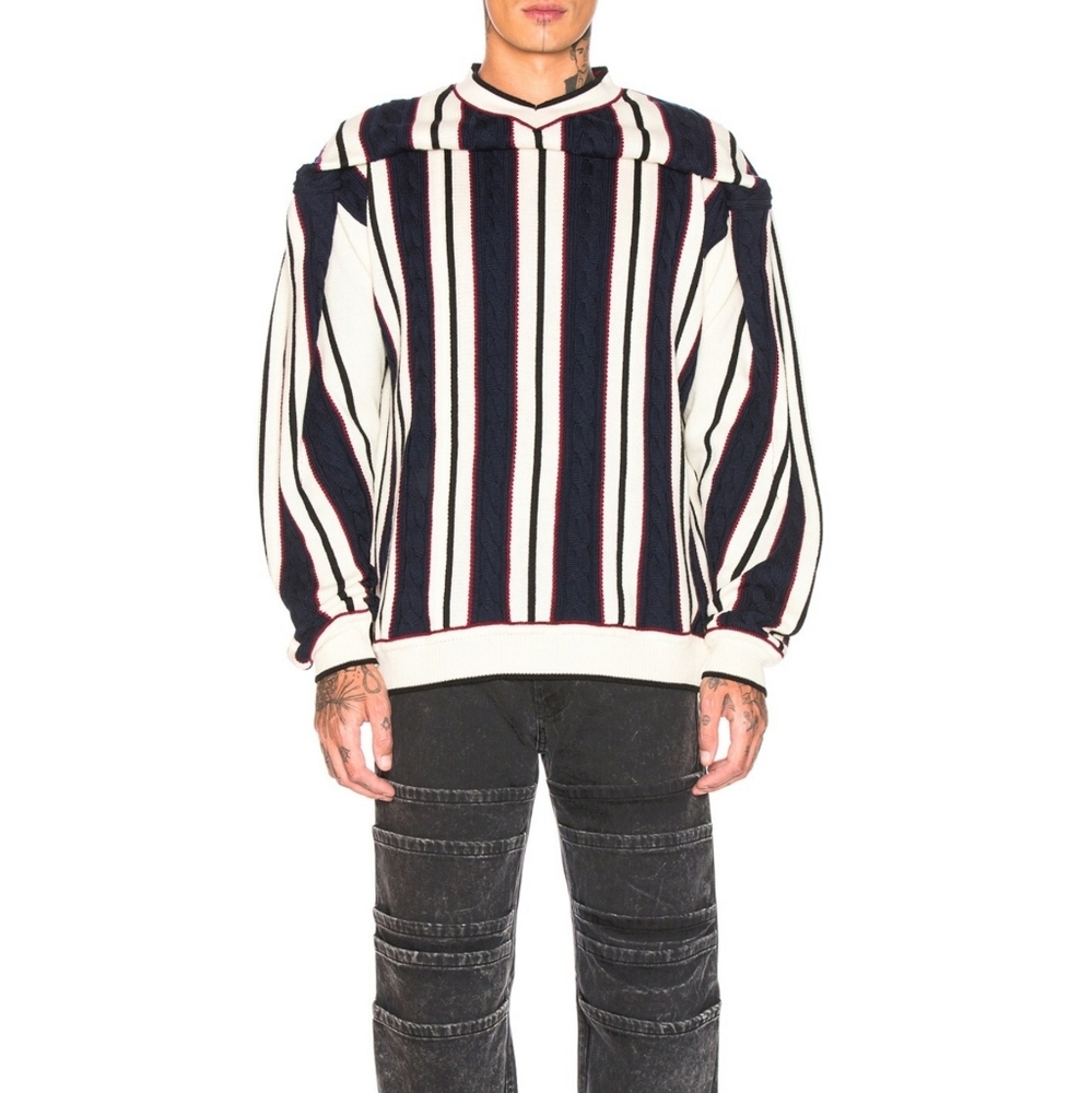 Y/PROJECT | Clipped Shoulder Knit Striped Sweater in Navy and White ~ Size Small